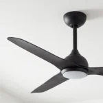 claro-whisper-dc-48-inch-ceiling-fan-black-with-led-light-close-up-angled-insitu
