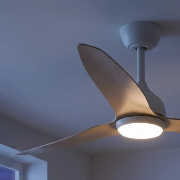 fanco-eco-style-dc-52-inch-ceiling-fan-white-with-beechwood-timber-style-blades-with-led-light-on-close-up-angled-on-dark-bg