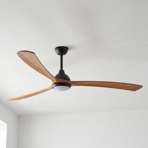 fanco-sanctuary-dc-ceiling-fan-86-inch-black-with-teak-blades-with-led-light-close-up-indoor