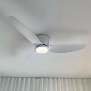 claro-whisper-low-profile-dc-44-inch-ceiling-fan-white-with-led-light-close-up-angled-insitu