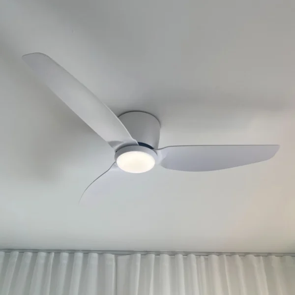 claro-whisper-low-profile-dc-44-inch-ceiling-fan-white-with-led-light-close-up-angled-insitu