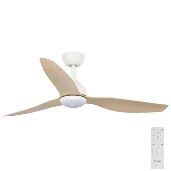 claro-whisper-dc-ceiling-fan-with-cct-led-light-and-remote-in-white-with-oak-blades-48-inch Claro Whisper DC Ceiling Fan with LED Light - 48 (White and Light Oak Blades) - shorter down rod - main