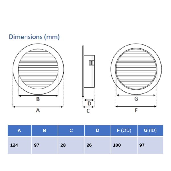 Manrose Round Fixed Louvre Grille 100mm- Black - Image 3