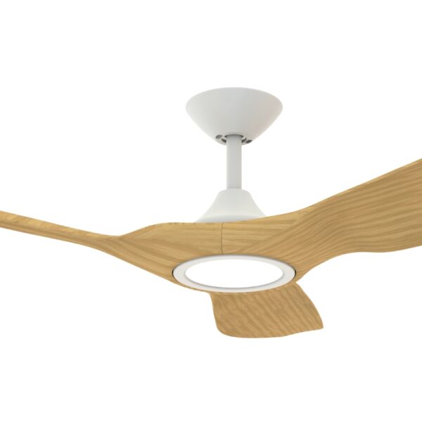 Domus Strike DC Ceiling Fan with LED Light in 60-inch White with Oak Motor