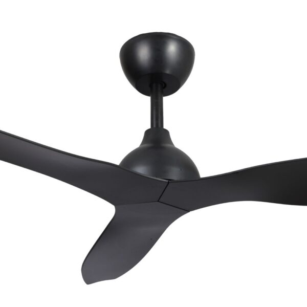 Close-up of black Whisper IP66 DC ceiling fan, 52-inch