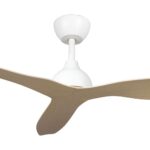 Close-up of white Whisper IP66 DC ceiling fan with light oak blades, 52-inch