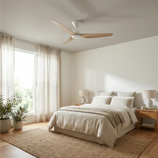 fanco-infinity-id-v3-dc-54-inch-white-with-beechwood-blades-with-light-installed-in-bedroom-with-outdoor-view