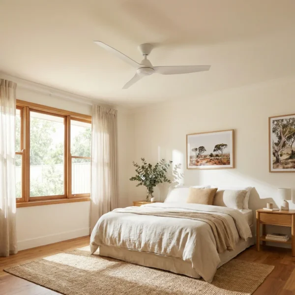 fanco-infinity-id-smart-dc-54-inch-white-with-light-installed-in-minimalist-bedroom