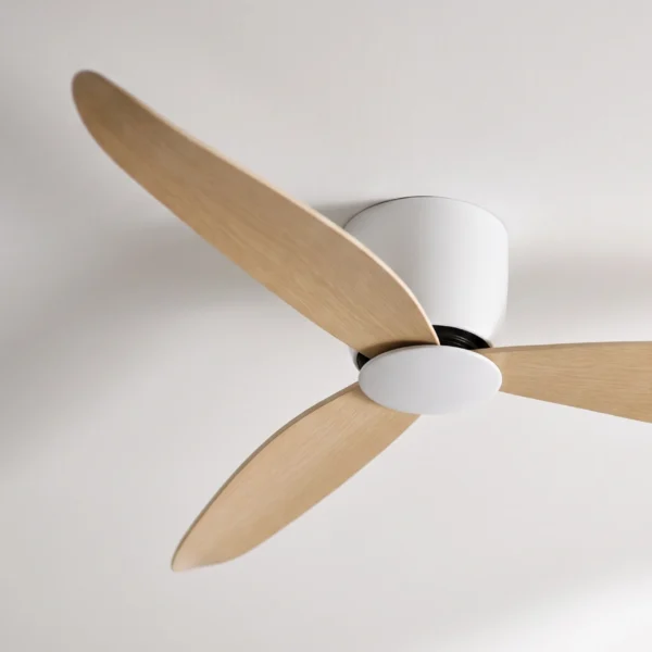 claro-essentials-spirit-dc-ceiling-fan-no-light-white-with-timber-style-blades-close-up-angled-insitu